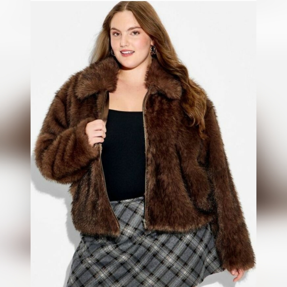 Wild Fable 3X Brown Faux Fur Jacket Plus Size Cozy Sherpa Teddy Coat Full Zip - Picture 2 of 13